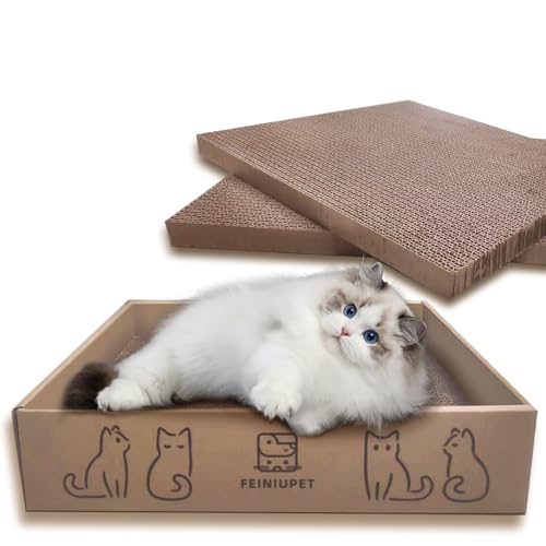 FEINIUPET Tabla de rascar para gatos, 3 almohadillas para rascar gatos con caja para rascar gatos, diseño de doble cara para gatos para jugar y dormir