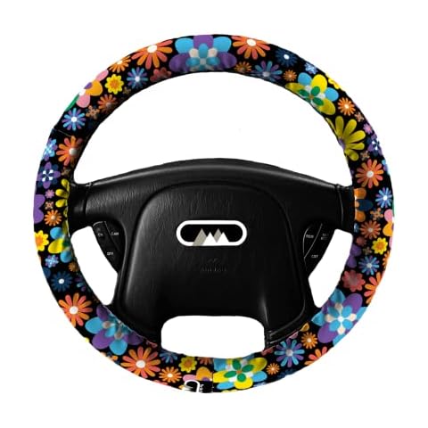 Steering Wheel Cover (Flower Power) Lightly Padded Floral Standard Size Wheel Car Accessories Automobile Purple Yellow Black Retro Hippy 70's 60's Cover