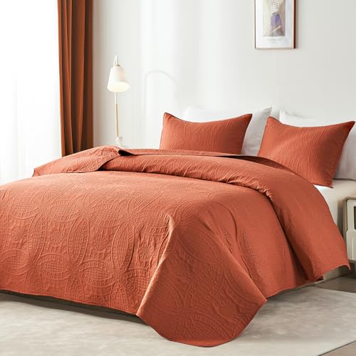 akkialla Twin Quilt Bedding Set,Burnt Orange Ultrasonic Quilt Set,Lightweight Soft Bedspread Coverlet,Modern Style Coin Pattern Bed Cover for All Seasons,2 Piece(1 Quilt,1 Pillow Sham)