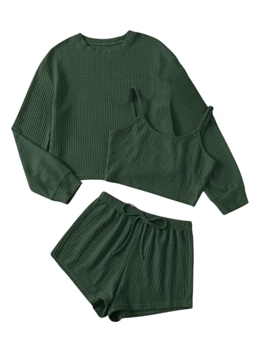 GORGLITTER Damen 3-teilige Set Loungewear Pyjama Sets mit Langarmshirt Camitop und Short Schlafanzug Hausanzug Tranining Kombine Set Dunkelgrün L