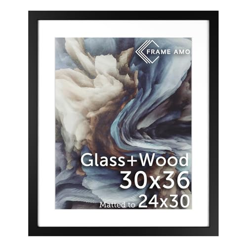 Frame Amo 30x36 Black Solid Wood Poster Frame, White Mat for 24x30 Image, Tempered Glass Front, 1.5 inch Wide, 1 inch Thick, High-End, Substantial, Gallery Grade & Acid-Free