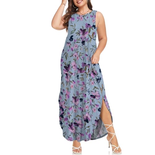 Image of Wolddress Womens 2026 Plus Size Sleeveless Tank Dress Casual Loose Sundress Split Summer Beach Long Maxi Dresses with Pockets