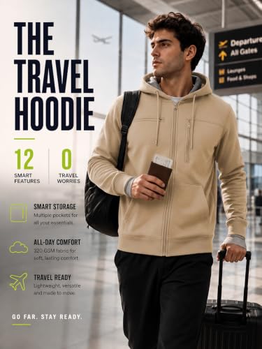 Image of NOBERO Travel Hoodies for Men|Cotton Fleece Solid Hooded Full Sleeve Sweatshirt|15 Utility Features,Tab & Drinks & earphones Holder,Charger & Sunglass Pocket, Microfiber Cloth,In-Built Gloves,Eye Mask