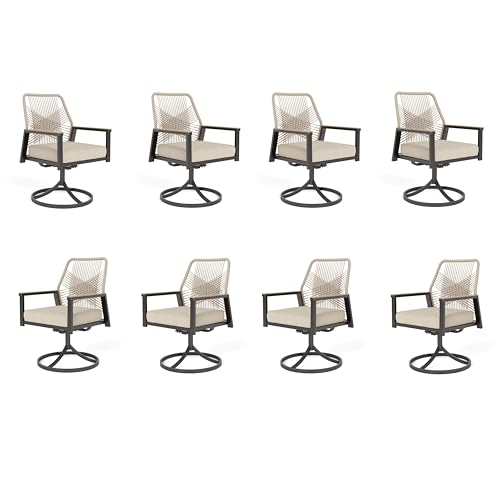 Image of MIXPATIO Patio Wicker Swivel Chair Sets of 8, Outdoor Dining Chairs with 3.1 inch Seat Cushions, Sturdy Metal Frame & Wood Grain Armrest, Beige