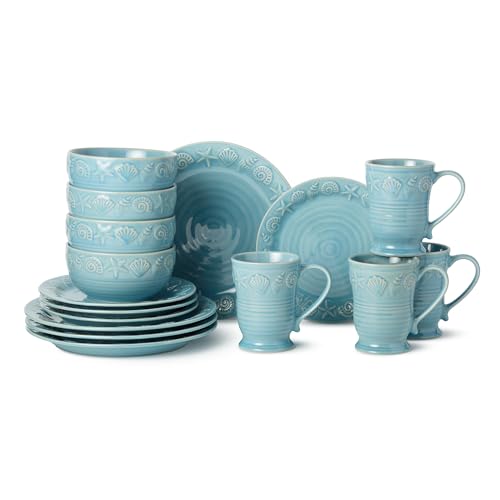 Coastline Blue 16-Piece Stoneware DINNERWARE SET SERVICE for 4 with embossed coastal shells and starfish durable sea-blue tableware for relaxed coastal living everyday meals