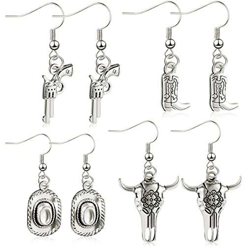 Henoyso 4 Pairs Cowgirl Boot Hat Western Earrings for Women Cowboy Dangle and Drop Earrings for Ladies(Silver)
