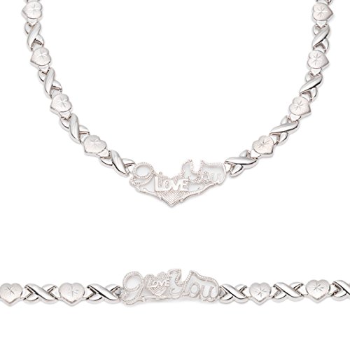 925 Sterling Silver Rhodium Plated Stampato Xo And Heart Xoxo Hugs & Kisses "I Love You" Bracelet & Necklace Set #TOP5