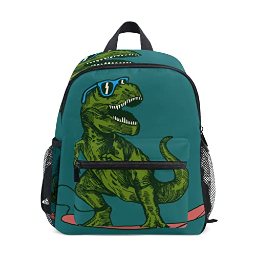 AUUXVA Skateboard Dinosaur Kid's Backpack Green Toddler Bag with Chest Clip Schoolbag for Girl Boy Preschool Kindergarten Student Bookbag Children Bag Travel Daypack