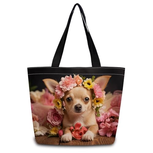 ZhuVantrix Floral Chihuahua Tote Bag Reusable Grocery Bags Cute Aesthetic Shopping Shoulder Handbag with Interior Zipper Pocket Lightweight & Washable Stylish Floral Chihuahua Present for Women