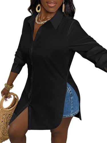 Image of LYANER Women's Collar Neck Long Sleeve Button Down Shirts Sexy Split Hem Tops Long Blouse Shirt Dress