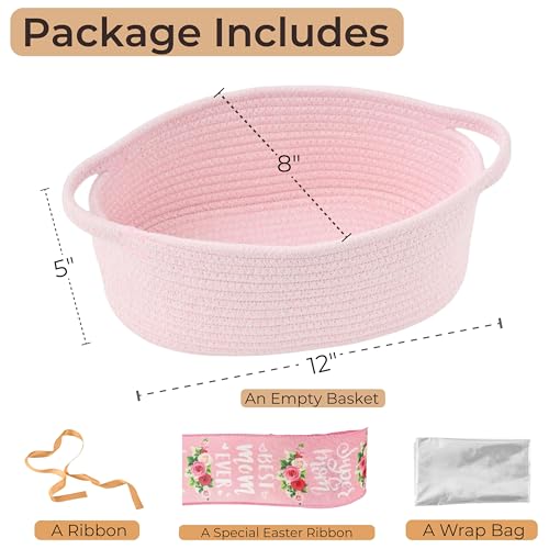Image of Small Woven Gift Basket Empty with Bag & Ribbon, Storage Basket for Father's Day for Dad, Baby Shower, Raffle, Birthday, Cute Organizer with Handles, 12 inchx8 inchx5 inch, Pink /Pink Floral