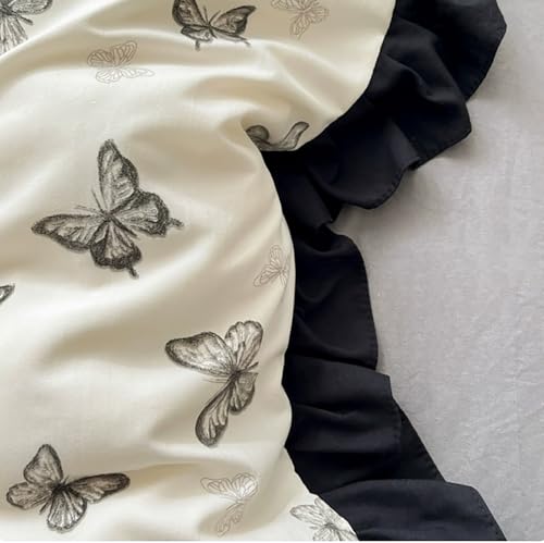 Juego de funda de edredón con estampado floral negro, tamaño completo, con volantes, 4 piezas de funda de edredón de algodón, funda de edredón de princesa romántica con cierre de cremallera para adole