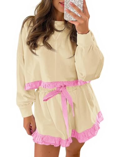 Fisoew Women's 2 Piece Lounge Sets Ruffle Color Block Cropped Sweatshirts Casual Drawstring Shorts Fall Loose Sweatsuits