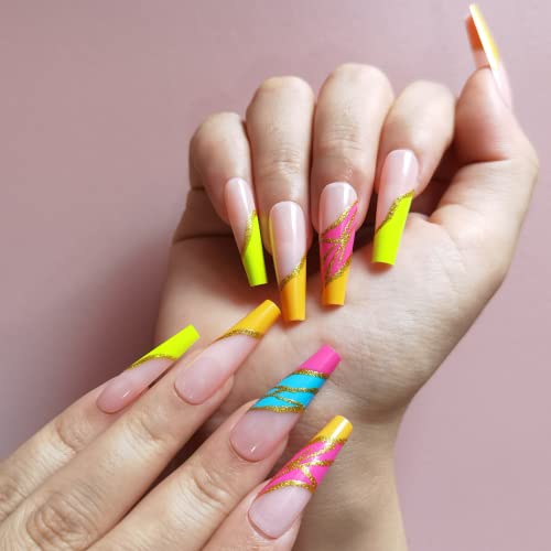 Extra Long Press on Nails Ballerina,Extra Long Press on Nails with Rainbow Gradient Color Glossy and Colorful,Press on Nails with Designs Full Cover Acrylic Nails for Women and Girls(24PCS)