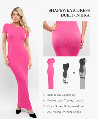 Image of Popilush Shaperwear Dress Built-in Bra Women's Casual Lounge Dress with Zipper Short Sleeve Mock Neck Bodycon Dresses