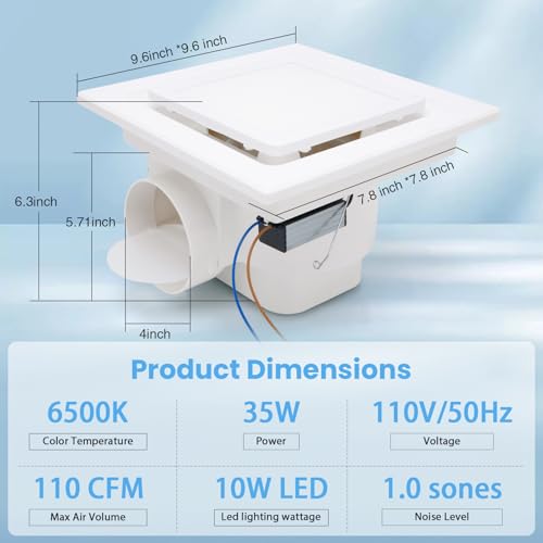 Ventilador de extracción para baño con luz LED, 110 CFM, 1.0 sones, ducto de 4 pulgadas, ventilador silencioso cuadrado para ducha miniatura 2
