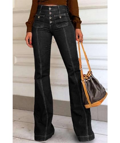 SEMATOMALA Women's Bell Bottom Flare Bootcut Jeans High Waisted Western Button Fly Wide Leg Denim Pants2