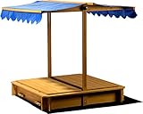 Sandkasten mit schwenkbarem Dach, Sitzbänke, Bodenplane, verschließbare Sandkiste aus Holz für Kinder, 120 x 120 x 120 cm, hellbraun - 3