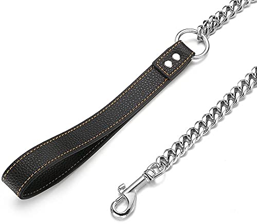 Aiyidi Dog Chain Leash, Stainless Steel Metal Link Training Leash Width 11/15MM Length 3/4/5FT Silver Cuban Chain, with Genuine Leather Padded Handle, for Large/Medium/Small Dogs (15mm, 4FT)