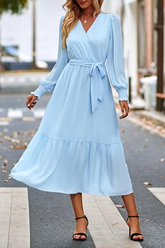 Image of PRETTYGARDEN Women's Floral Boho Dress Fall Long Sleeve Wrap V Neck Ruffle Flowy Maxi Spring Wedding Guest Vacation Dresses