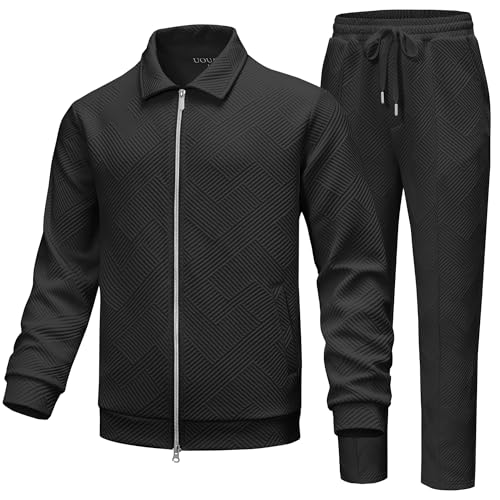 UOUA Mens 2 Piece Tracksuits Set Casual Jacquard Sweatsuits Outfits Full-Zip Jakcet & Loose Jogging Pants Black L