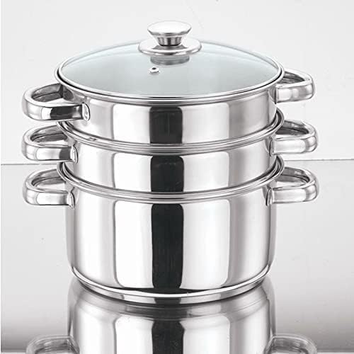 Steamer Cooker Pot Set with Glass Lid Stainless Steel Induction Friendly, 3 Tier Pan, 20cm, by VINOD