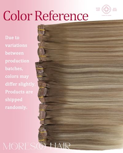 Image of Moresoo Clip in Hair Extensions Brown Blonde Balayage Short 10 inch 80g | Human hair clip in extensions, light golden brunette balayage, 5pcs, soft layers for quick daily styling, different batches