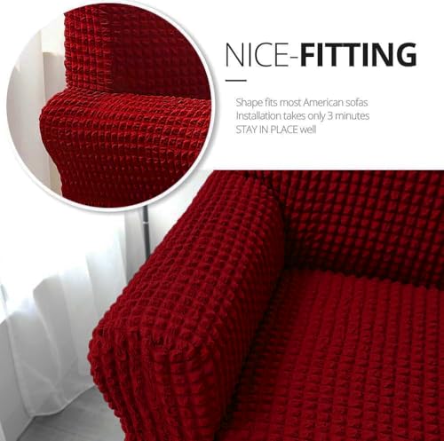 Image of Bails Sofa Cover 5 Seater Fully Covered | Sofa Cover l Shape 7 Seater Fully Covered | Sofa Cover 5 Seater Set | Elastic Bubble Fabric with Frill Sofa Protector Cover (Red, 5 Seater (3+1+1))