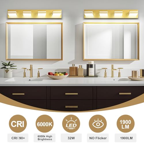 JZEKVN Modern LED Bathroom Lights Fixtures 4-Light,Metal Gold Acrylic Wall Lighting,Vanity Lights for Bathroom Over Mirror 6000k 27in by JZEKVN - Used condition - Image 4