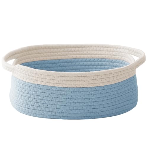 Image of JMvicyroam Small Woven Basket, Empty Gift Basket, White&Blue /1 Pack | Small Gift Basket, Cotton Rope, 12 x 8 x 63 in, Handles, Includes Ribbon and Bag, Birthday Gift Basket