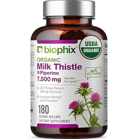 biophix Milk Thistle USDA Organic 30:1 Extract 7500 mg with Piperine 180 Veggie Capsules - Healthy Liver Support - Antioxidant Formula - Detoxification Support Cover