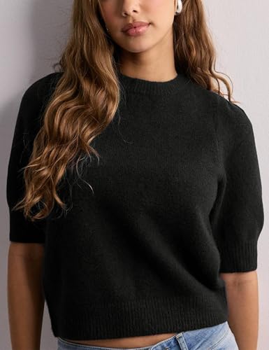 Image of Lentta Women's Bow Knit Sweater Trendy Backless Tie Puff Short Sleeve Crewneck Knitted Pullover Tops
