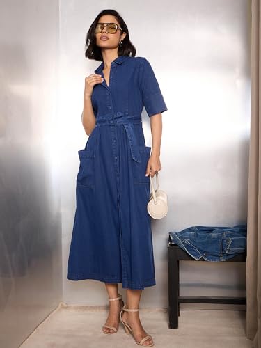 Image of Sassafras Women's A-Line Fit & Flared Half Sleeves Denim Belted Maxi - Casual Streetwear Denim Dress