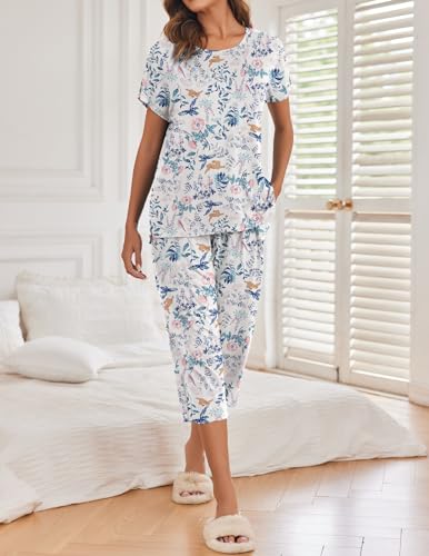 Image of Ekouaer 2 Pack Womens Pajamas Sets Short Sleeve Tops and Capri Pants Pjs Colorful Printed Sleepwear Sets