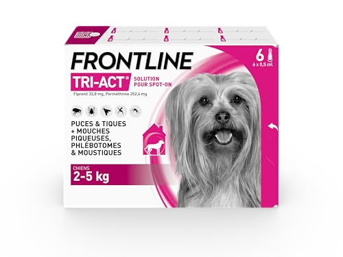 FRONTLINE Tri-Act Chien - Anti Puces, Tiques, Moustiques, Phlébotomes & Mouches - Traitement Radical En 6h - Pour Très Petit Chien De 2 à 5 kg - Fabriqué En France - 6 Pipettes Application Spot On