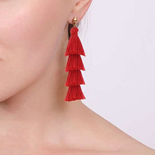 Baublestar Fashion Gold Tassel Dangle Earrings Layered Long Bonita Tiered Red Thread Tassel Drop Statement Jewelry For Women Girls #TOP1