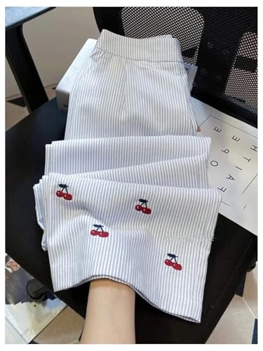 GORGLITTER Women's Striped Wide Leg Lounge Pants Cherry Print Elastic Waist Pj Trousers with Pockets4