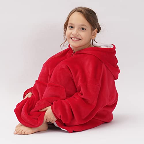 Pupiu Kids Wearable Blanket Hoodie With Zipper Fleece Oversized Snuggies For Kids Blanket Sweater With Pockets Unisex Christmas Blanket Sweatshirt Red #TOP6