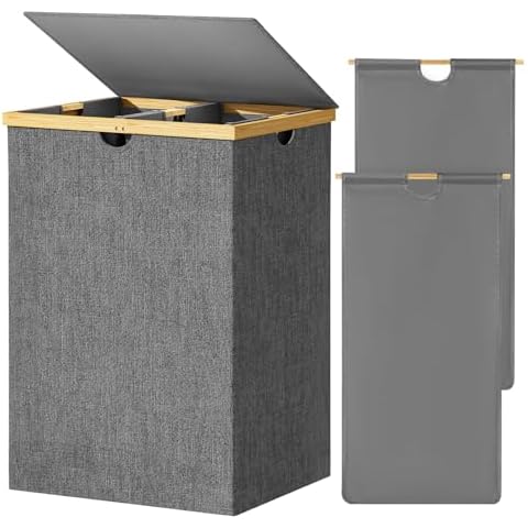 WOWLIVE 165L Double Laundry Hamper with Lid Bamboo Laundry Basket 2 Section,Large Dirty Clothes Hamper with Removable Laundry Bags,Laundry Bin Organizer Storage for Dorm,Bedroom,Bathroom,Gray Cover