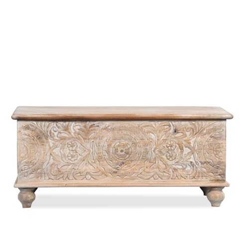 Image of Natura Solid Wood Coffee Table for Living Room Wooden Trunk Box for Storage | Handcrafted Center Table for Living Room with Sandook Storage | Pitara for Home and Bedroom (Brown Distress)