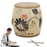 WHIPIN Chinesischer Trommelhocker aus Holz, handbemalter, runder, rustikaler Gartenhocker, 45 cm, Massivholz, Retro-Stil, Outdoor-Beistellhocker mit Drumsticks und Polstern(Beige c)