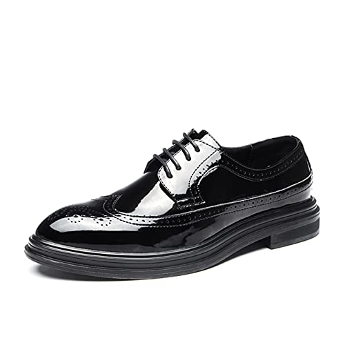 Battle Men Vegan Patent Leather Oxfords for Men Brogues Wingtips Round Toe Lace up Shoes Slip Resistant Block Heel Solid Color Formal Men