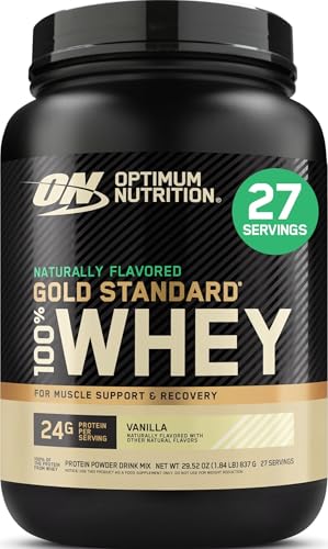 Image of Optimum Nutrition Gold Standard 100% Whey Naturally Flavored Protein Powder, Vanilla, 1.9 Pound (Packaging May Vary) | 24g 100% Whey Protein Per Serving, Naturally Flavored, Gluten Free, Easy Mixing, No Artificial Flavors, Colors, or Sweetners