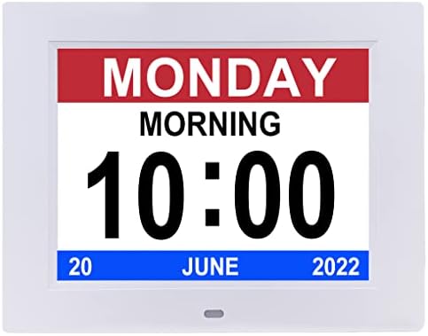 Digital Day Calendar Clock 8 Inch 12 Alarms Non-Abbreviations Day & Month Electronic Dementia Alzheimer Vision Impaired Memory Loss Desk Wall Clock