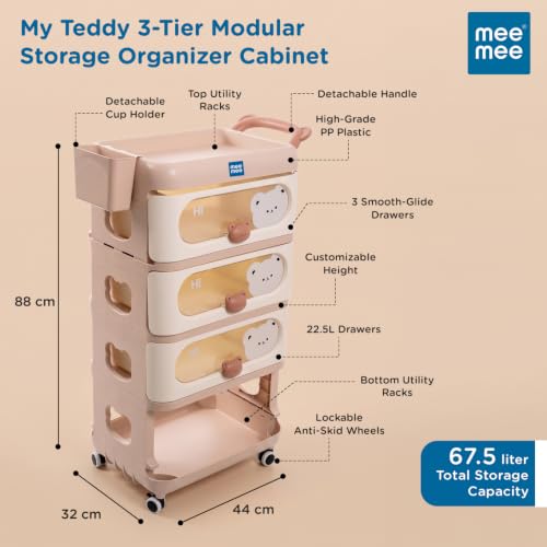 Image of Mee Mee My Teddy Storage Drawer Organizer | 3 Drawer Baby Storage Cabinet | 67.5L Storage Capacity | PP Plastic Organizer with Wheels | Nursery & Kids Storage Solution