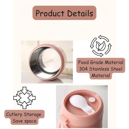 Image of Stainless Steel Insulated Lunch Pot 780ML - Pink | Double Layer Leak Proof Thermal Lunch Box with Cutlery Storage | BPA Free Food Container for Office, School & Travel