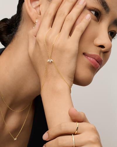 Image of PAVOI 14K Gold Plated Hand Chains for Women - Adjustable Hand Chain Bracelet and Ring - Trendy Gold Handchain Bracelet Stack Summer Jewelry - Beads, Pearl, and Cubic Zirconia Body Jewelry