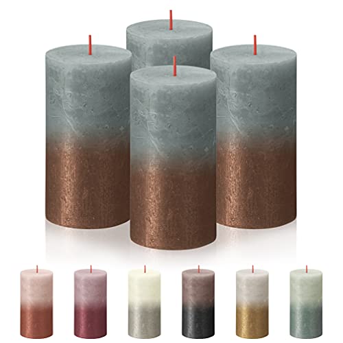 BOLSIUS 4 Pack Eucalyptus Green/Copper Sunset Rustic Metallic Pillar Candles - 2.75 X 5 Inches - Includes Natural Plant-Based Wax - Unscented Dripless Smokeless 60 Hour Quality European Candles