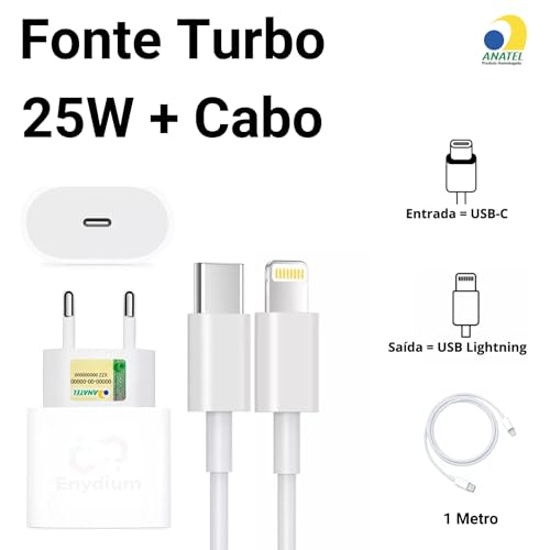 Carregador Turbo 25W com Cabo USB-C para Lightning + Fonte Ultra Rápida Fast Charge, Compatível com