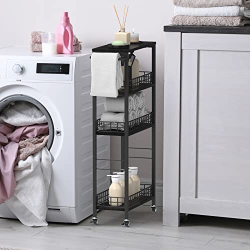 Slim Storage Cart 4 Tier Rolling Kitchen Cart Utility Serving Cart Laundry Room Narrow Cart With Handle Mobile Sheving Unit Organizer Wood Rolling Storage Cart For Bathroom Small Spaces, Modern Black #TOP3